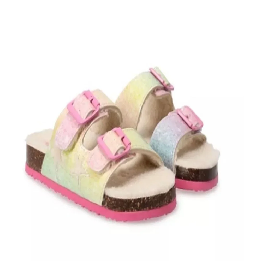NWT Ground Up Sherpa Slipper Sandals Girls Rainbow Glitter